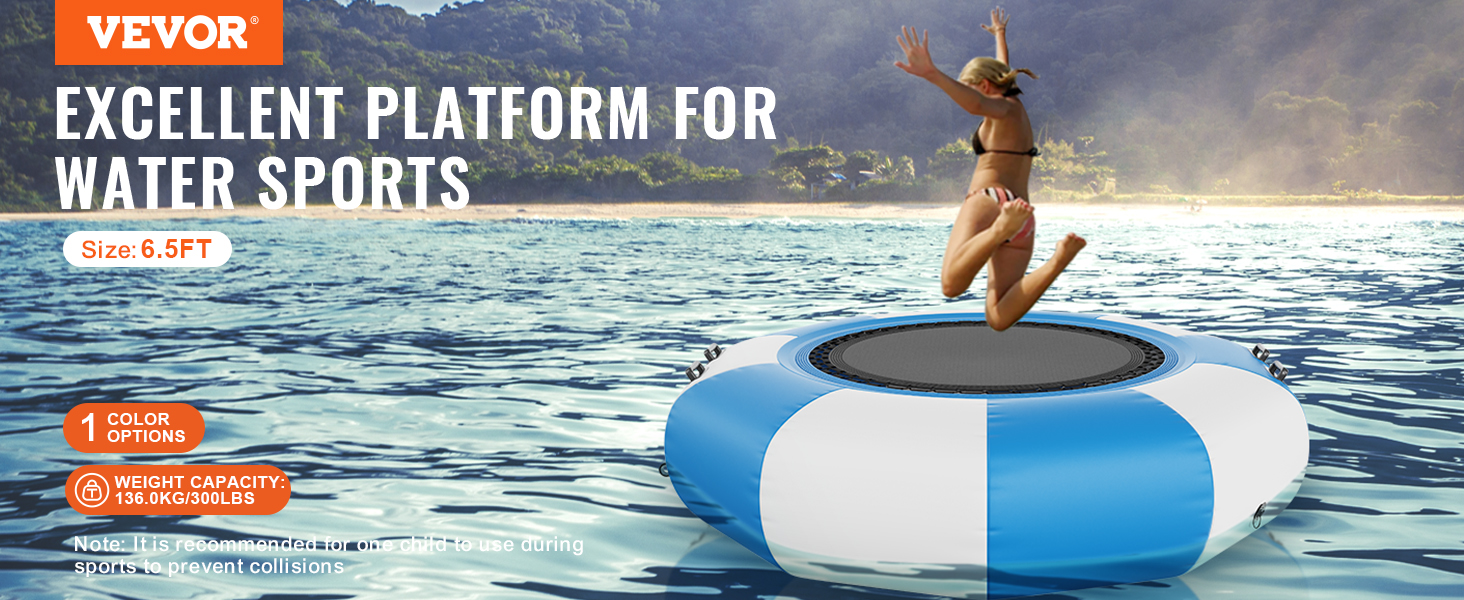 VEVOR water trampoline, 6.5ft, ideal for water sports, weight capacity 300lbs, one color option.