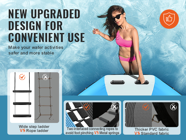 new upgraded VEVOR water trampoline with wide step ladder, interlaced ropes, and thicker pvc fabric.