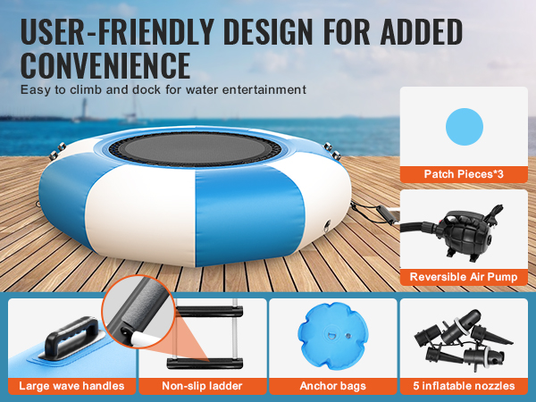 VEVOR water trampoline on dock, featuring reversible air pump, wave handles, ladder, patch pieces, anchor bags, and inflatable nozzles.