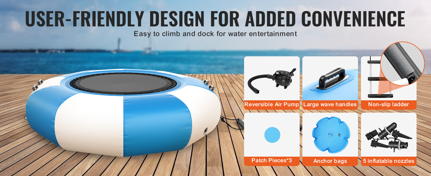 VEVOR water trampoline on dock, featuring reversible air pump, wave handles, ladder, patch pieces, anchor bags, and inflatable nozzles.