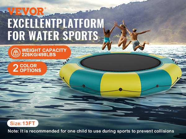 VEVOR inflatable water bouncer with 13ft size and weight capacity of 226kg on a lake with kids jumping.