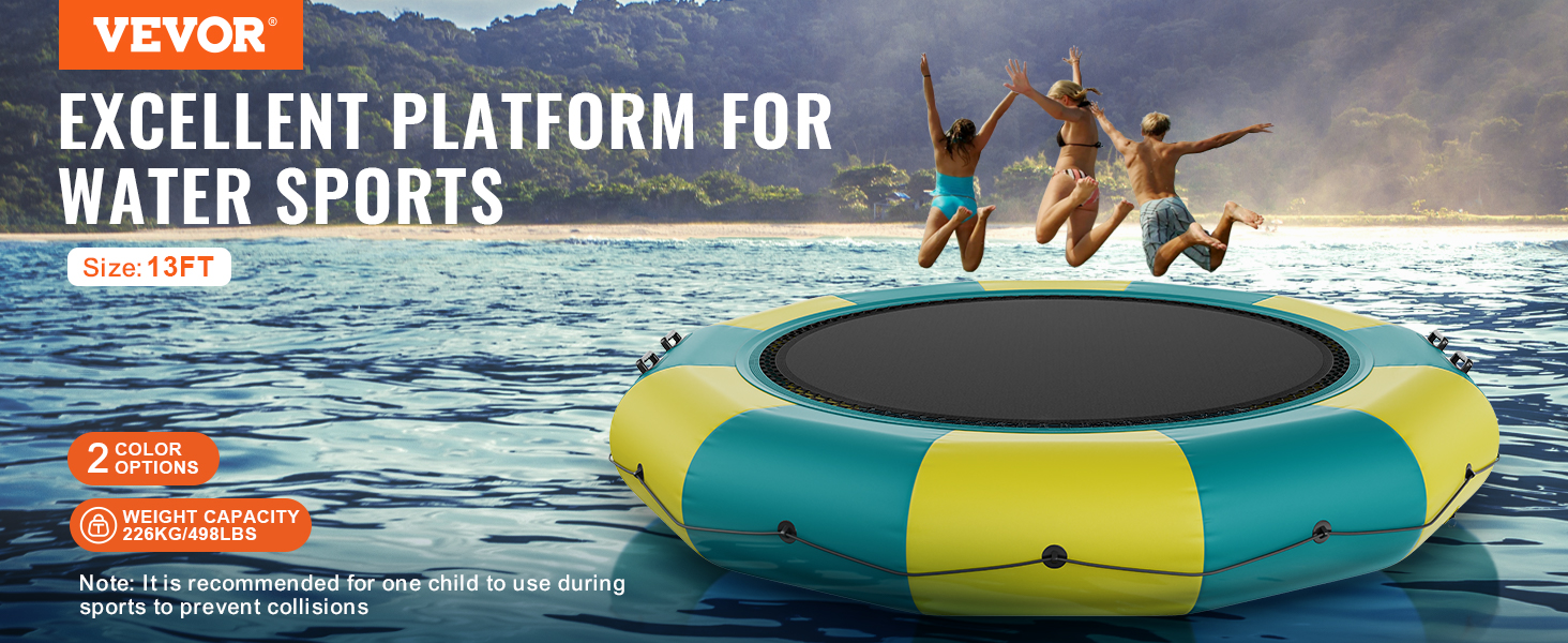 VEVOR inflatable water bouncer with 13ft size and weight capacity of 226kg on a lake with kids jumping.