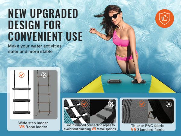 new design of VEVOR inflatable water bouncer with wide step ladder, interlaced ropes, and thicker pvc.