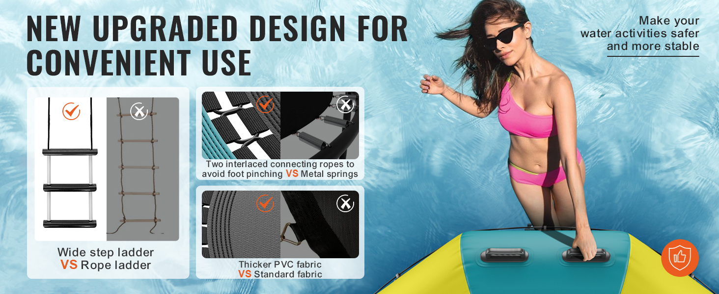 new design of VEVOR inflatable water bouncer with wide step ladder, interlaced ropes, and thicker pvc.