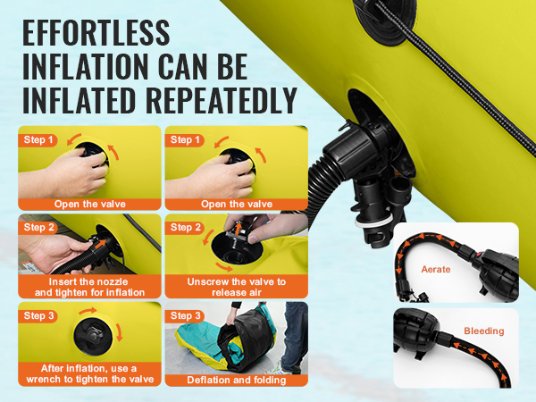effortless inflation steps for VEVOR inflatable water bouncer showing valve opening, nozzle inserting, and deflation.