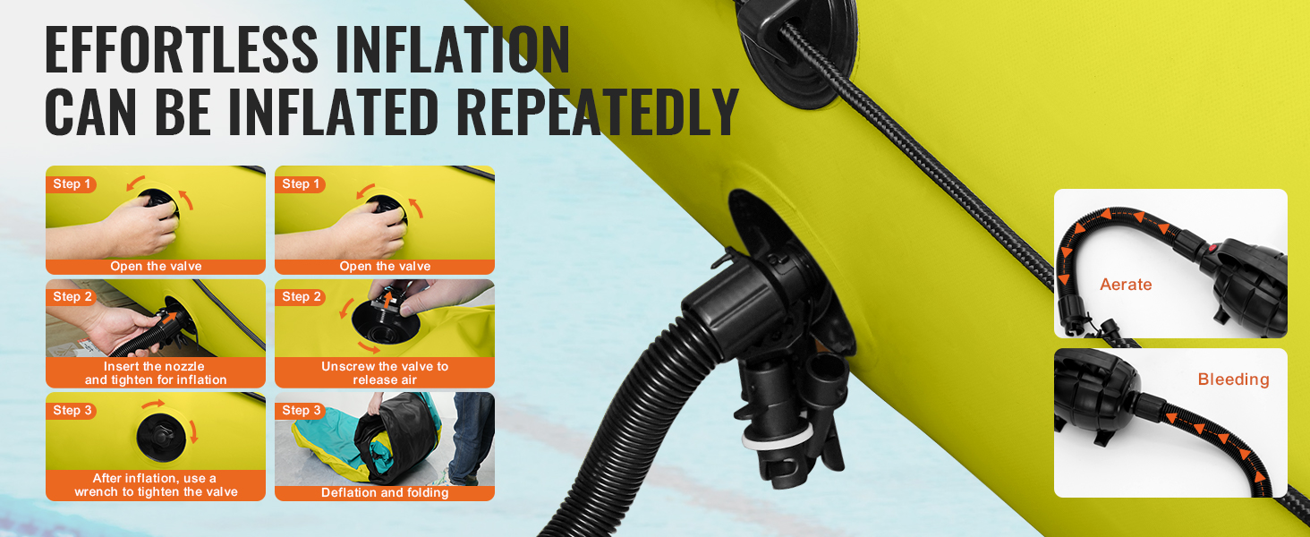 effortless inflation steps for VEVOR inflatable water bouncer showing valve opening, nozzle inserting, and deflation.