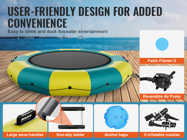 VEVOR inflatable water bouncer with air pump, wave handles, non-slip ladder, patch pieces, and anchor bags.