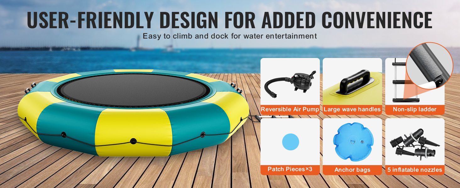 VEVOR inflatable water bouncer with air pump, wave handles, non-slip ladder, patch pieces, and anchor bags.
