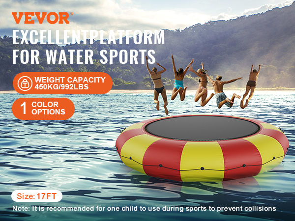 VEVOR inflatable water bouncer with kids jumping in lake near forested shoreline, size 17ft.
