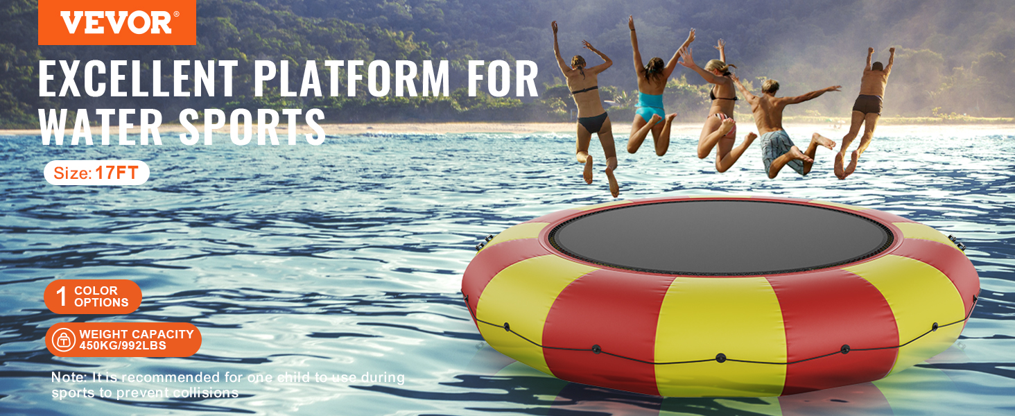 VEVOR inflatable water bouncer with kids jumping in lake near forested shoreline, size 17ft.