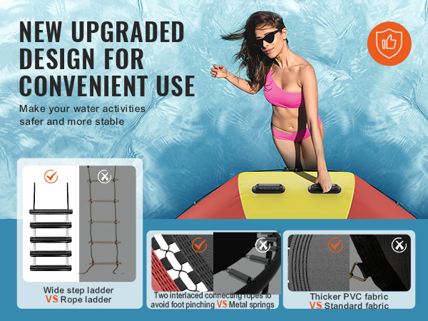 new upgraded design for VEVOR inflatable water bouncer: wide step ladder, interlaced ropes, thick pvc fabric.