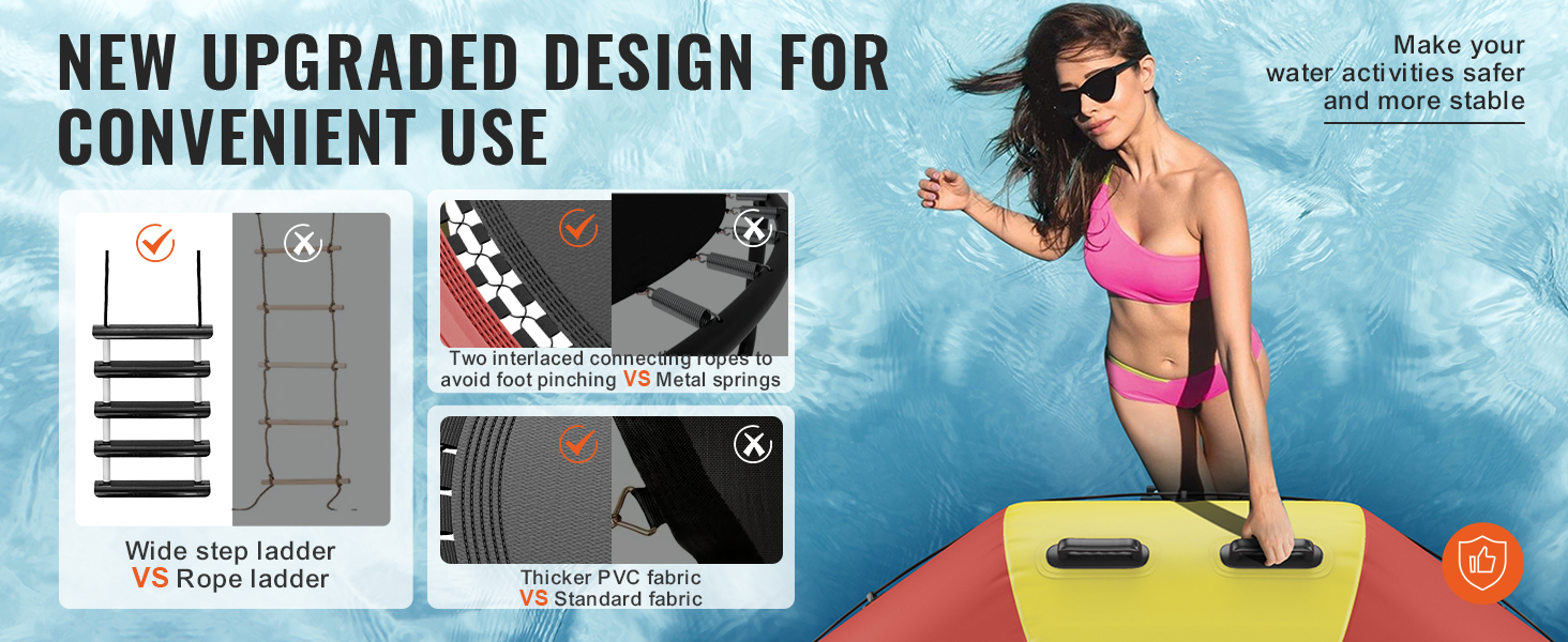 new upgraded design for VEVOR inflatable water bouncer: wide step ladder, interlaced ropes, thick pvc fabric.