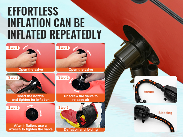 effortless setup steps for VEVOR inflatable water bouncer, showcasing valve and nozzle instructions.