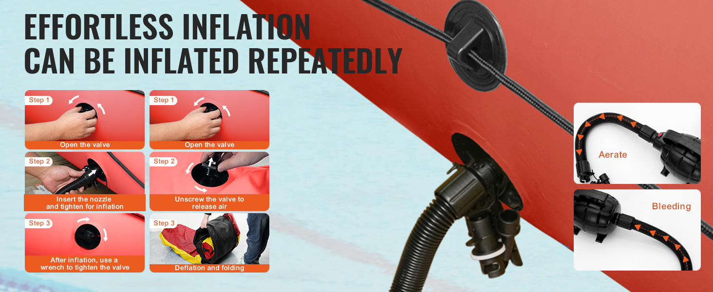 effortless setup steps for VEVOR inflatable water bouncer, showcasing valve and nozzle instructions.
