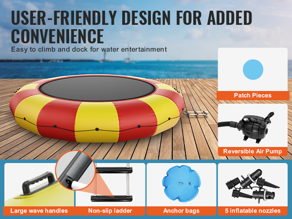 VEVOR inflatable water bouncer with air pump, wave handles, non-slip ladder, patch pieces, and anchor bags.