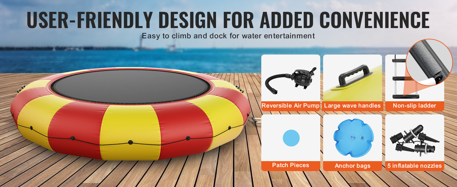 VEVOR inflatable water bouncer with air pump, wave handles, non-slip ladder, patch pieces, and anchor bags.