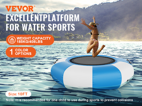 VEVOR inflatable water bouncer in a lake setting, promoting its use for water sports.