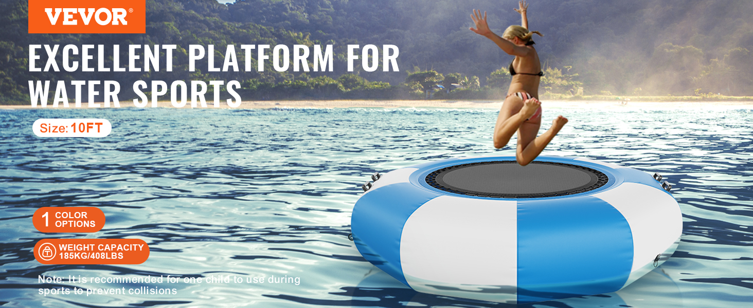 VEVOR inflatable water bouncer in a lake setting, promoting its use for water sports.
