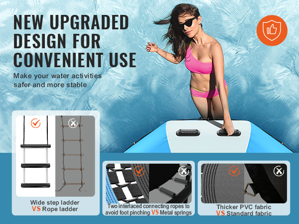 new upgraded design of VEVOR inflatable water bouncer, featuring wide step ladder and thicker pvc fabric.