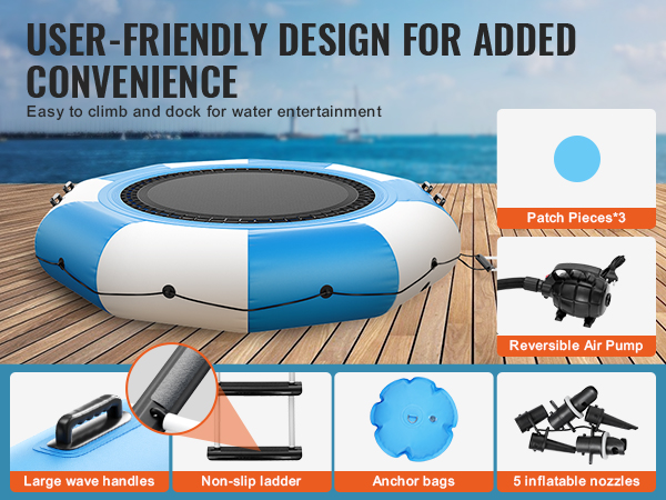 VEVOR inflatable water bouncer with reversible air pump, non-slip ladder, anchor bags, and large wave handles.