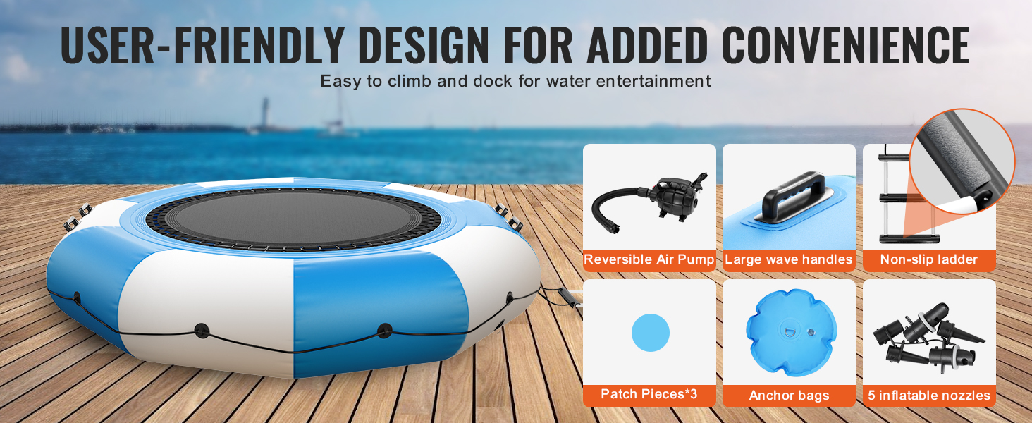 VEVOR inflatable water bouncer with reversible air pump, non-slip ladder, anchor bags, and large wave handles.