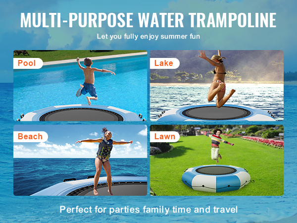 VEVOR inflatable water bouncer in pool, lake, beach, and lawn settings for versatile summer fun.