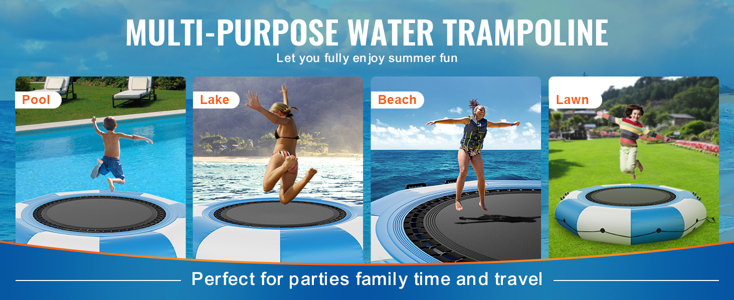 VEVOR inflatable water bouncer in pool, lake, beach, and lawn settings for versatile summer fun.