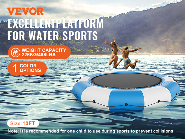 VEVOR inflatable water trampoline, 13ft size, perfect for water sports activities with a scenic beach backdrop.