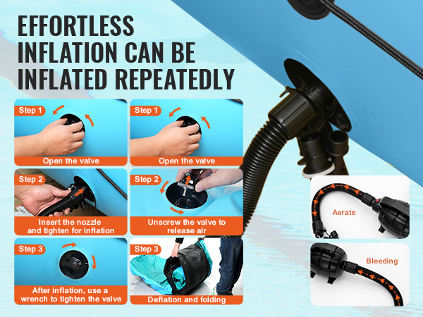 effortless inflation steps for the VEVOR inflatable water trampoline, showcasing valve and hose connection.