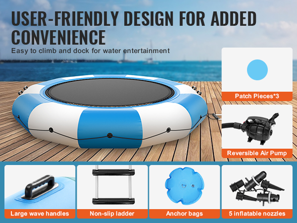 blue and white VEVOR inflatable water trampoline with handles, non-slip ladder, and air pump on wooden dock.