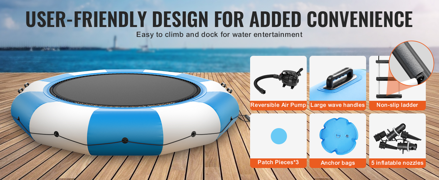 blue and white VEVOR inflatable water trampoline with handles, non-slip ladder, and air pump on wooden dock.