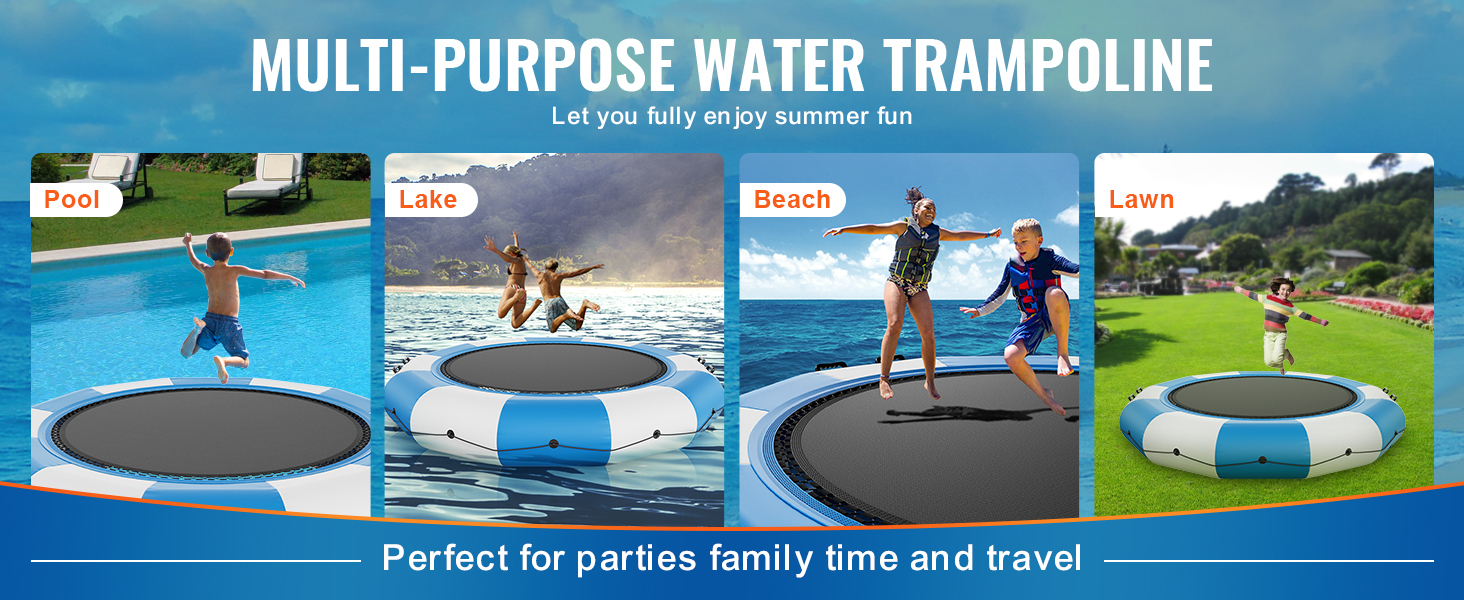 VEVOR inflatable water trampoline for pool, lake, beach, and lawn. perfect for summer fun and parties.