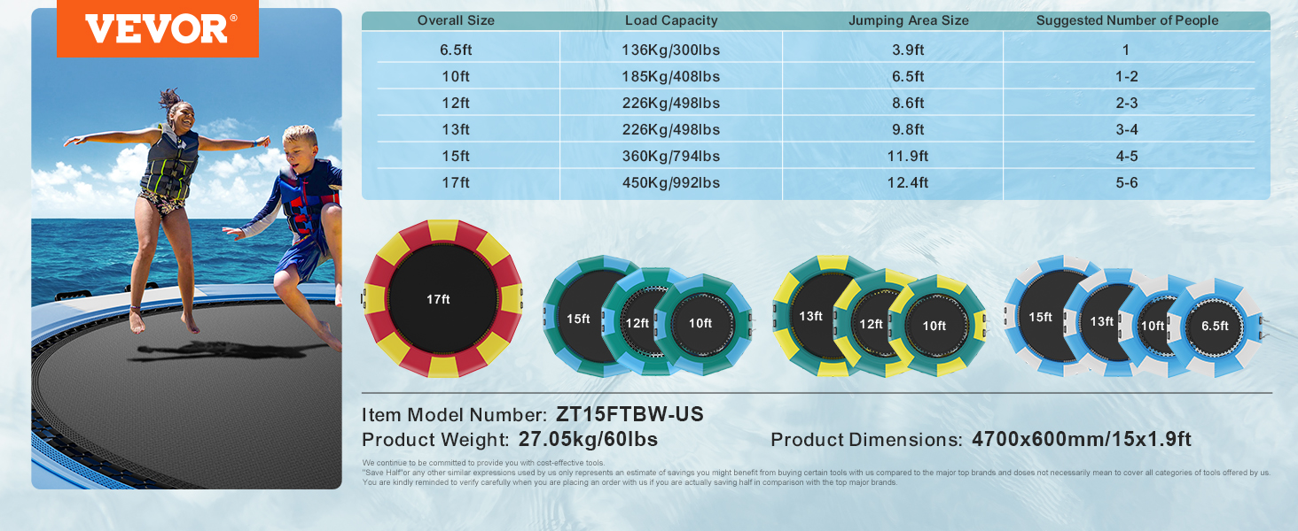 VEVOR inflatable water trampoline size comparison chart and two people jumping on the trampoline.
