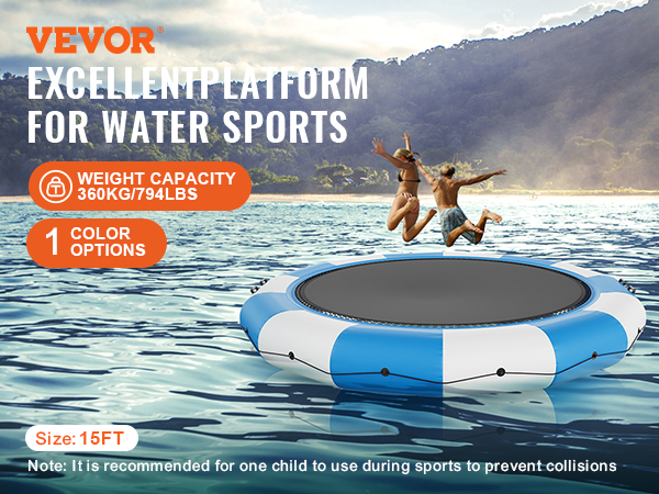 VEVOR inflatable water trampoline on a lake with people jumping, size 15ft, weight capacity 360kg.