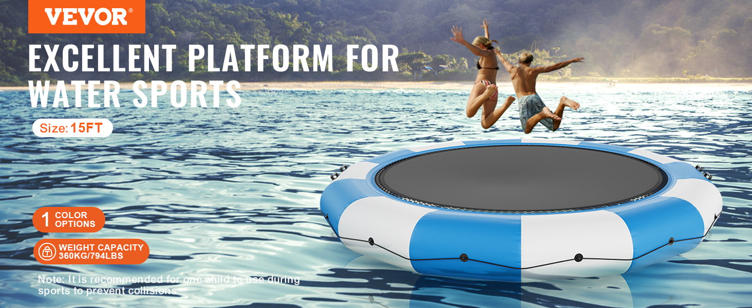 VEVOR inflatable water trampoline on a lake with people jumping, size 15ft, weight capacity 360kg.
