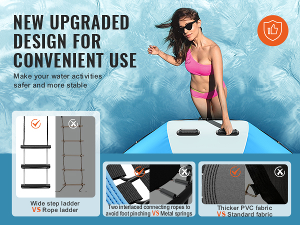 new upgraded VEVOR inflatable water trampoline with wide step ladder and thick pvc fabric.