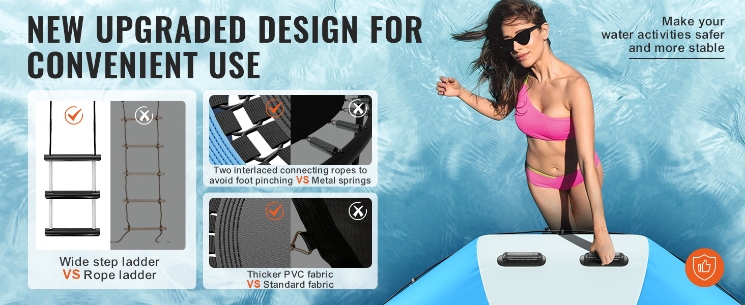 new upgraded VEVOR inflatable water trampoline with wide step ladder and thick pvc fabric.