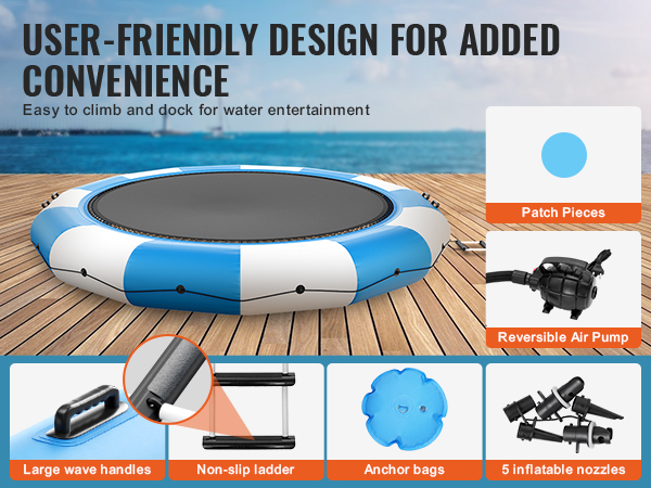 VEVOR inflatable water trampoline on a dock with air pump, handles, ladder, patch kit, anchor bags, and nozzles.