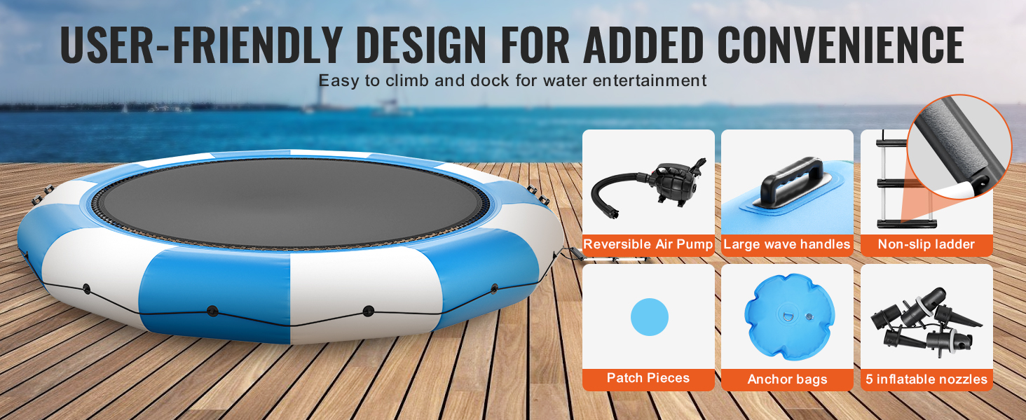 VEVOR inflatable water trampoline on a dock with air pump, handles, ladder, patch kit, anchor bags, and nozzles.