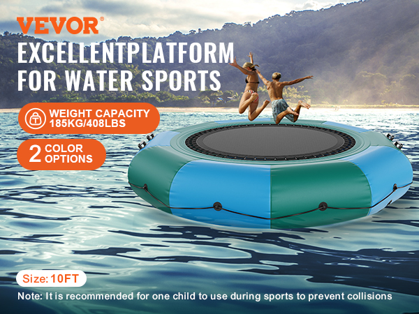 VEVOR inflatable water trampoline on lake with two kids jumping, 10ft size, 185kg weight capacity.