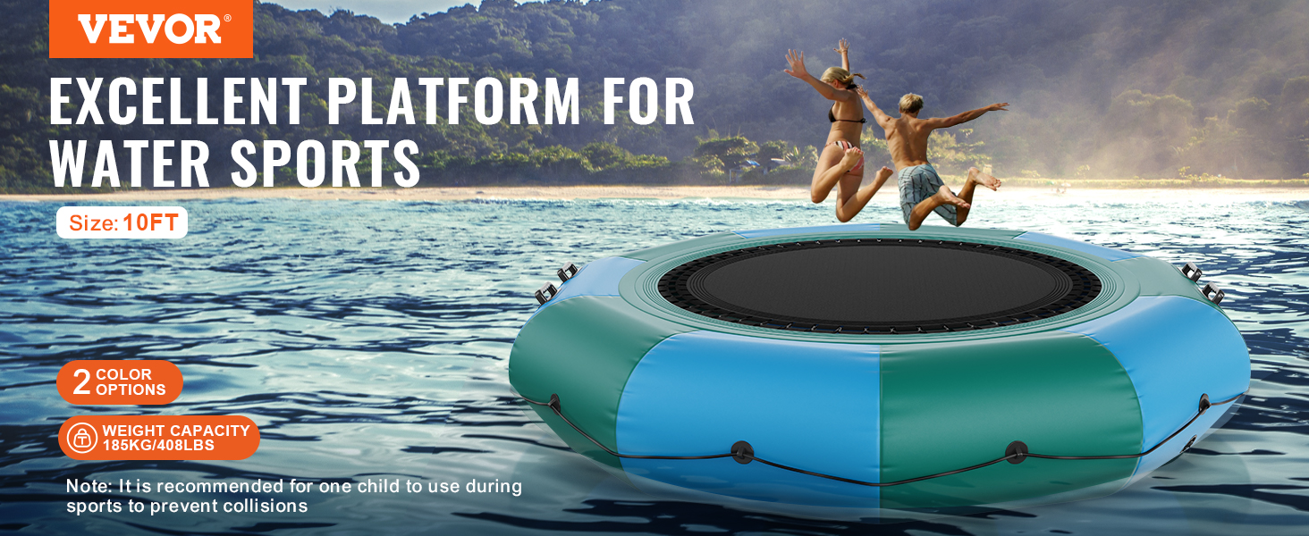 VEVOR inflatable water trampoline on lake with two kids jumping, 10ft size, 185kg weight capacity.