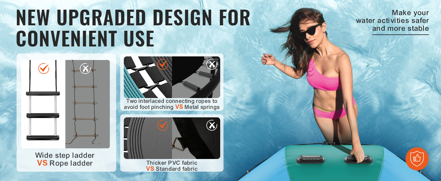 new VEVOR inflatable water trampoline features wide step ladder, interlaced ropes, and thicker pvc fabric.
