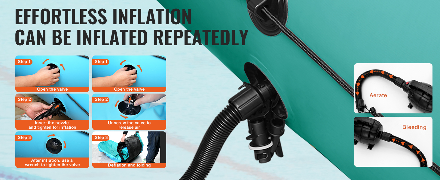 effortless inflation steps for VEVOR inflatable water trampoline; instructions include opening the valve, inserting nozzle, and deflation.