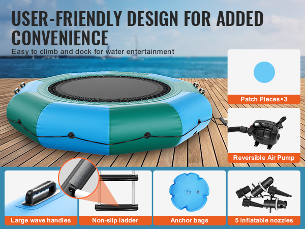VEVOR inflatable water trampoline on a dock, featuring handles, non-slip ladder, air pump, and more.