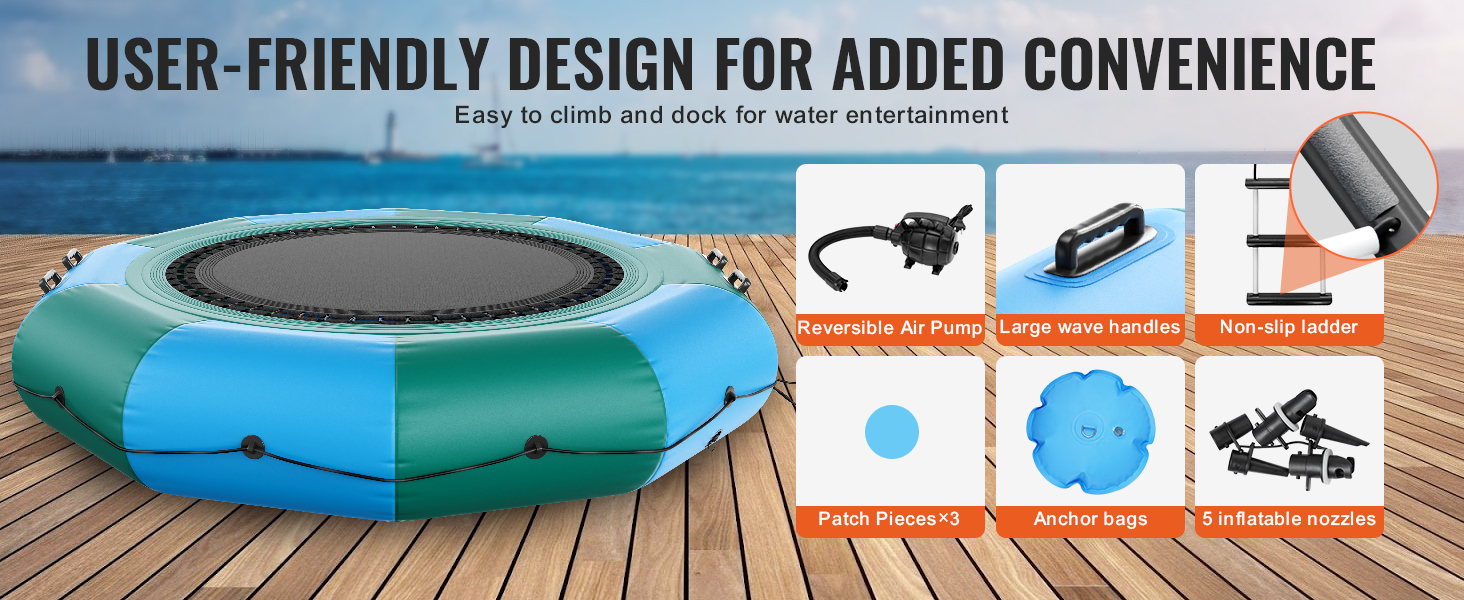 VEVOR inflatable water trampoline on a dock, featuring handles, non-slip ladder, air pump, and more.