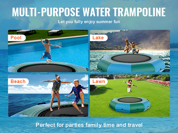 VEVOR inflatable water trampoline for pool, lake, beach, and lawn activities; perfect for summer fun.