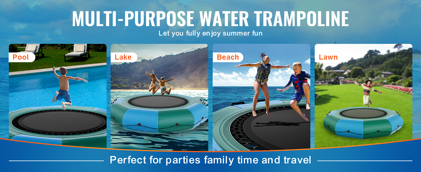 VEVOR inflatable water trampoline for pool, lake, beach, and lawn activities; perfect for summer fun.