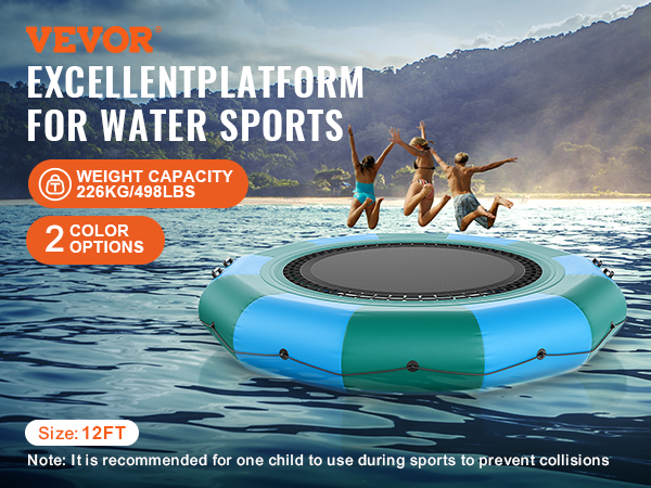 VEVOR inflatable water bouncer - 12ft platform with kids jumping, ideal for water sports activities.