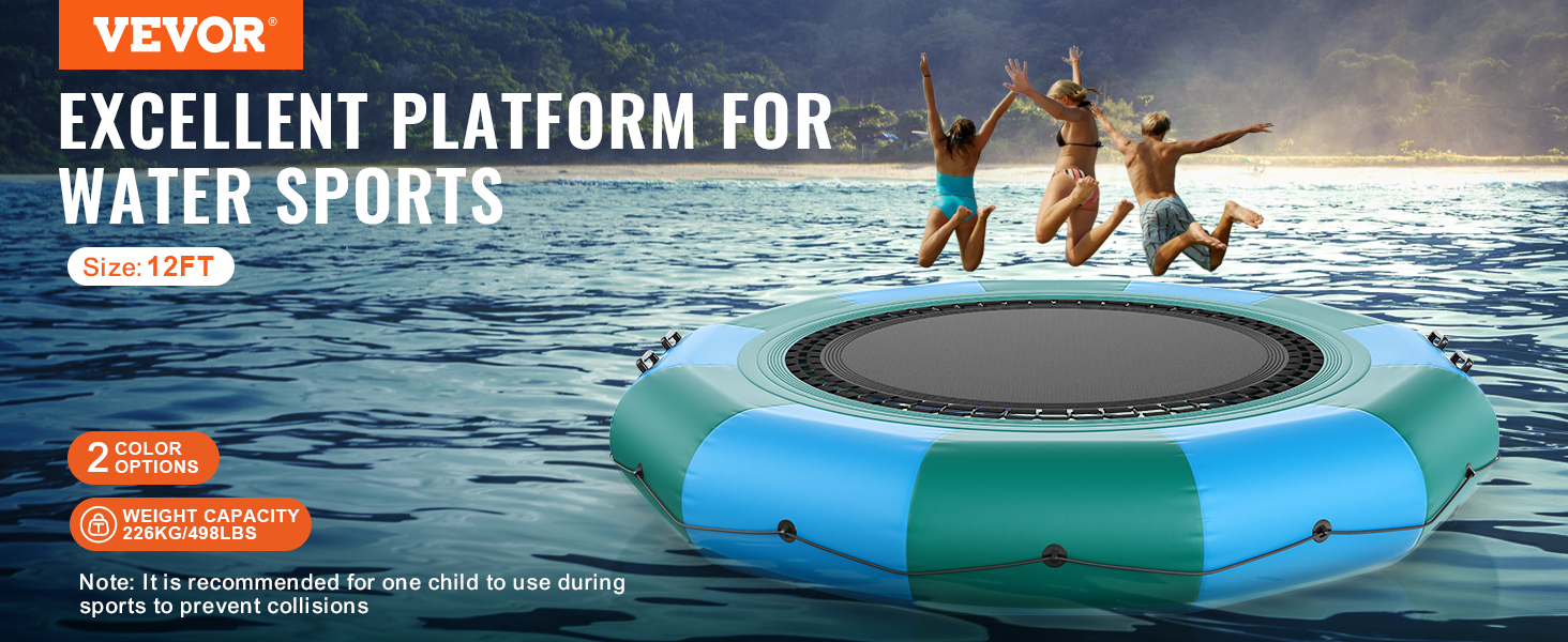 VEVOR inflatable water bouncer - 12ft platform with kids jumping, ideal for water sports activities.