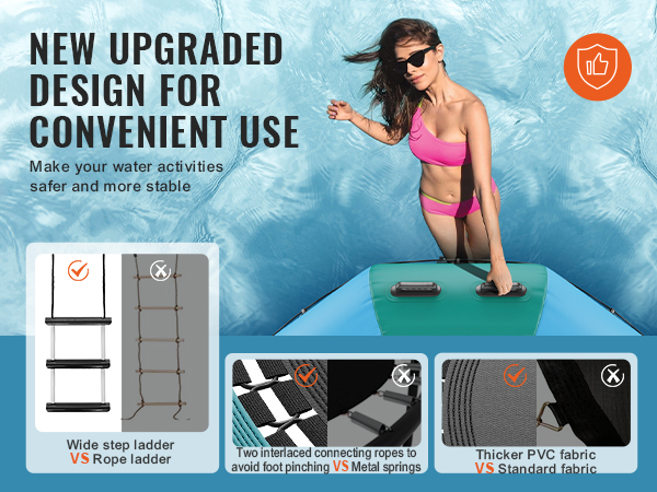 new upgraded design of the VEVOR inflatable water bouncer with wide step ladder and thicker pvc fabric.